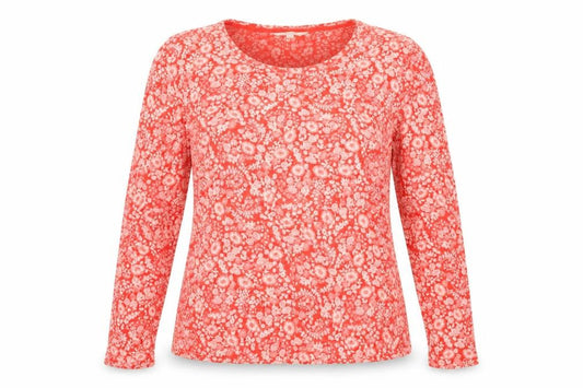Front view of Per Una women’s red floral viscose basic t-shirt, size UK 12, round neck