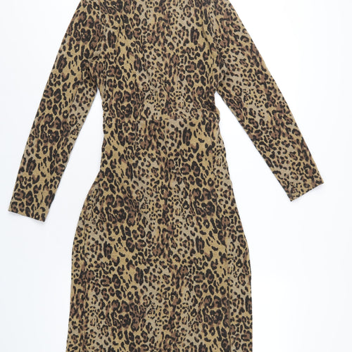 Marks and Spencer Womens Brown Animal Print Polyester A-Line Size 8 Mock Neck Zip