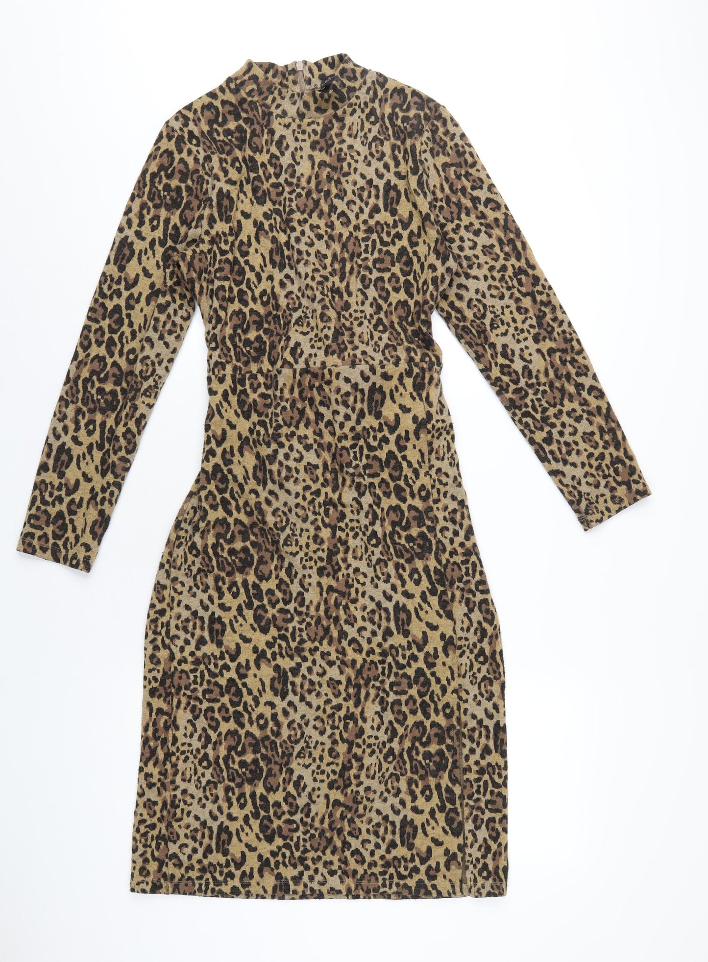 Marks and Spencer Womens Brown Animal Print Polyester A-Line Size 8 Mock Neck Zip