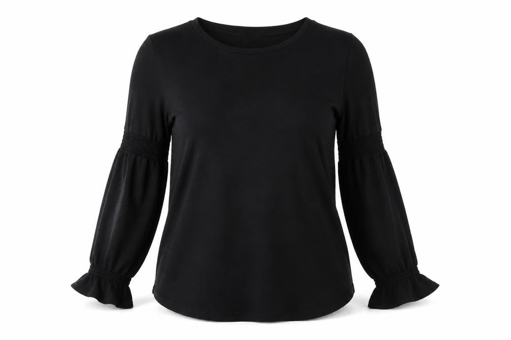 Front view of River Island women’s black patent leather basic t-shirt, size UK 12, round neck