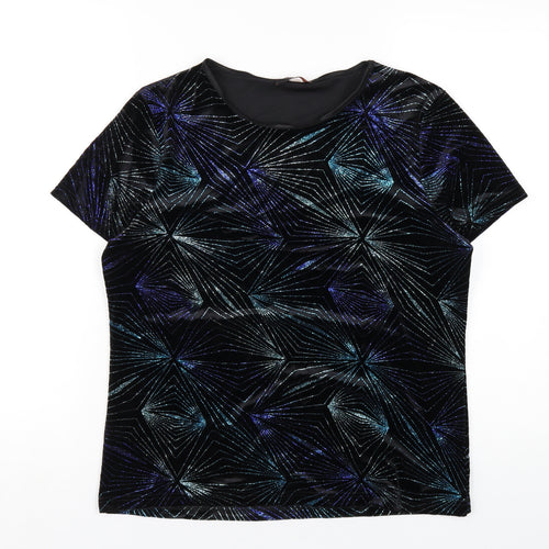 Anna Rose Womens Black Geometric Polyester Basic T-Shirt Size L Round Neck
