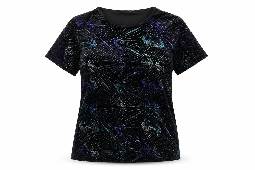 Front view of Anna Rose women’s black geometric polyester basic t-shirt, size L, round neck