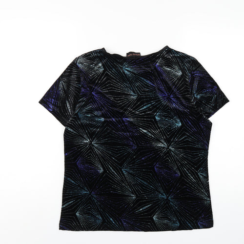 Anna Rose Womens Black Geometric Polyester Basic T-Shirt Size L Round Neck