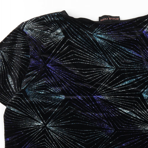 Anna Rose Womens Black Geometric Polyester Basic T-Shirt Size L Round Neck