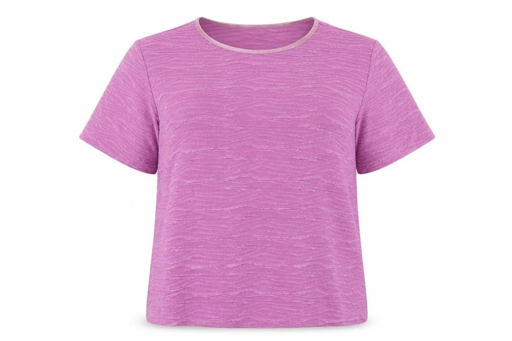 Front view of EWM women’s purple polyester basic t-shirt, size UK 18, round neck