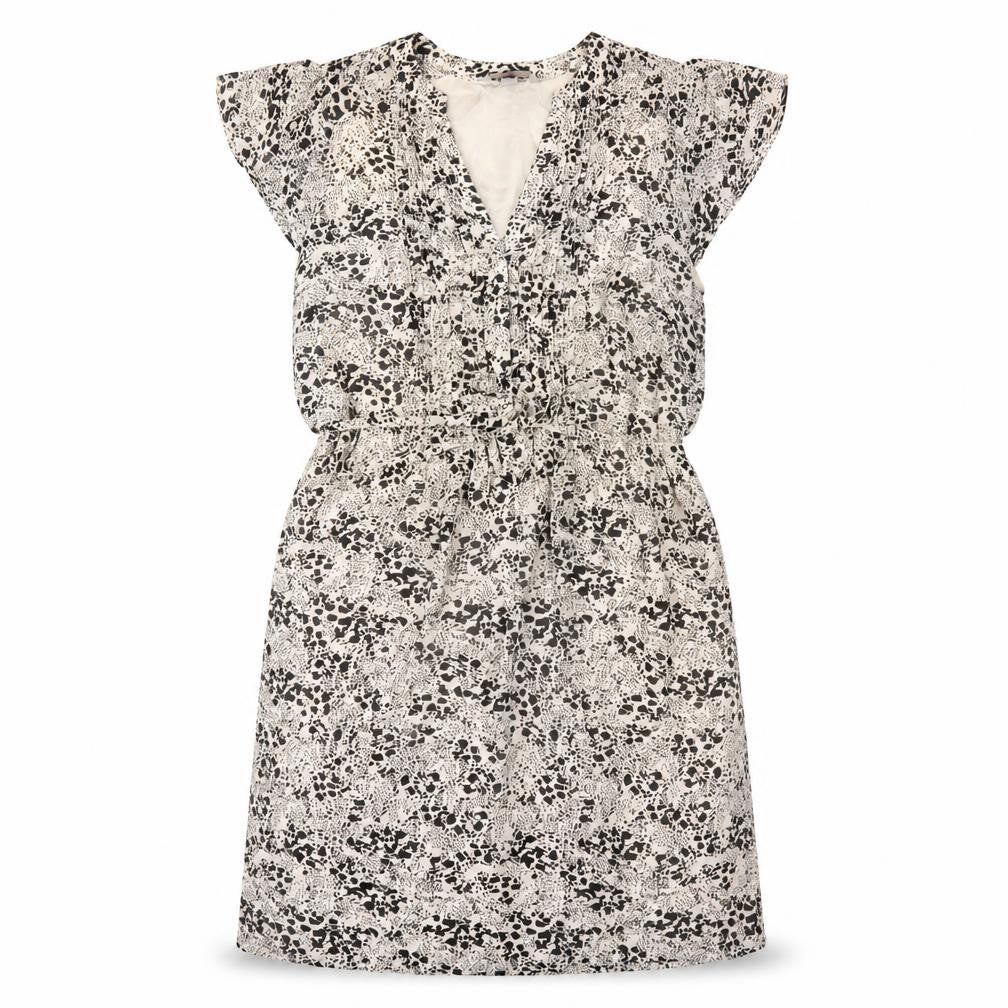 Front view of H&M women’s black geometric polyester a-line, size UK 10, v-neck pullover