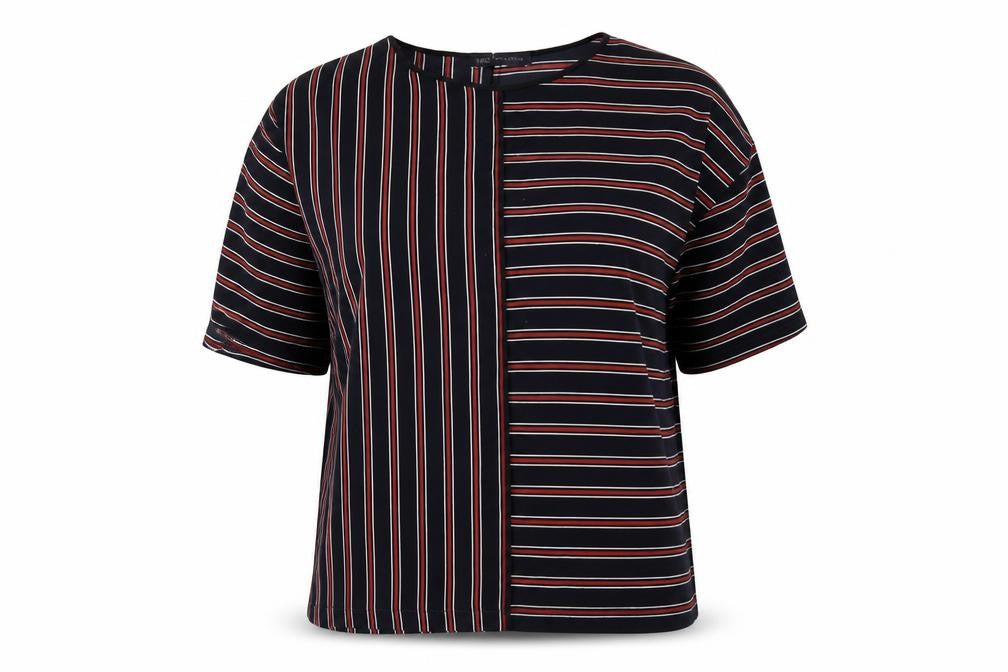 Front view of Marks & Spencer women’s blue striped polyester basic t-shirt, size UK 10, round neck