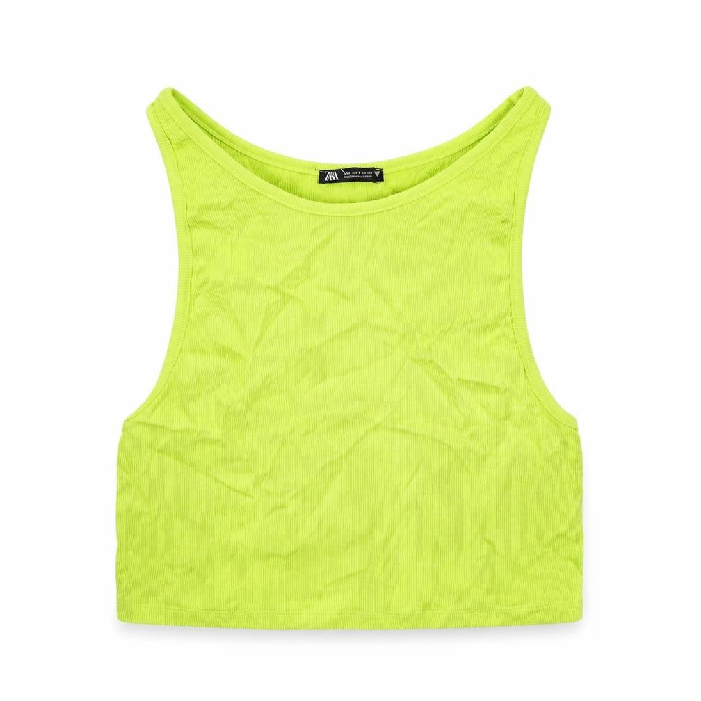 Front view of Zara women’s green cotton basic tank, size L, round neck