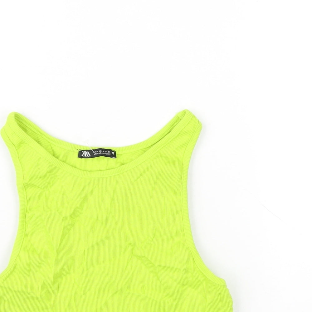 Zara Womens Green Cotton Basic Tank Size L Round Neck