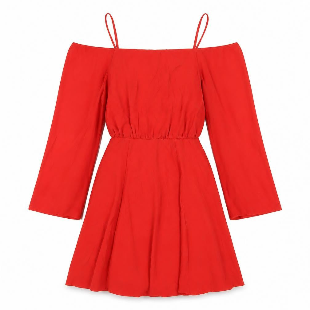 Front view of ASOS women’s red polyester a-line, size UK 8, square neck zip
