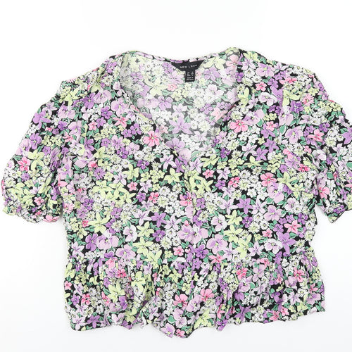 New Look Womens Multicoloured Floral Viscose Basic T-Shirt Size 16 V-Neck