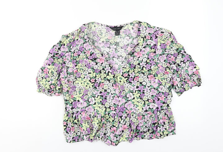 New Look Womens Multicoloured Floral Viscose Basic T-Shirt Size 16 V-Neck