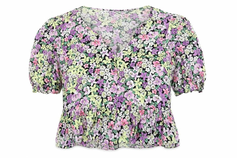 Front view of New Look women’s multicoloured floral viscose basic t-shirt, size UK 16, v-neck