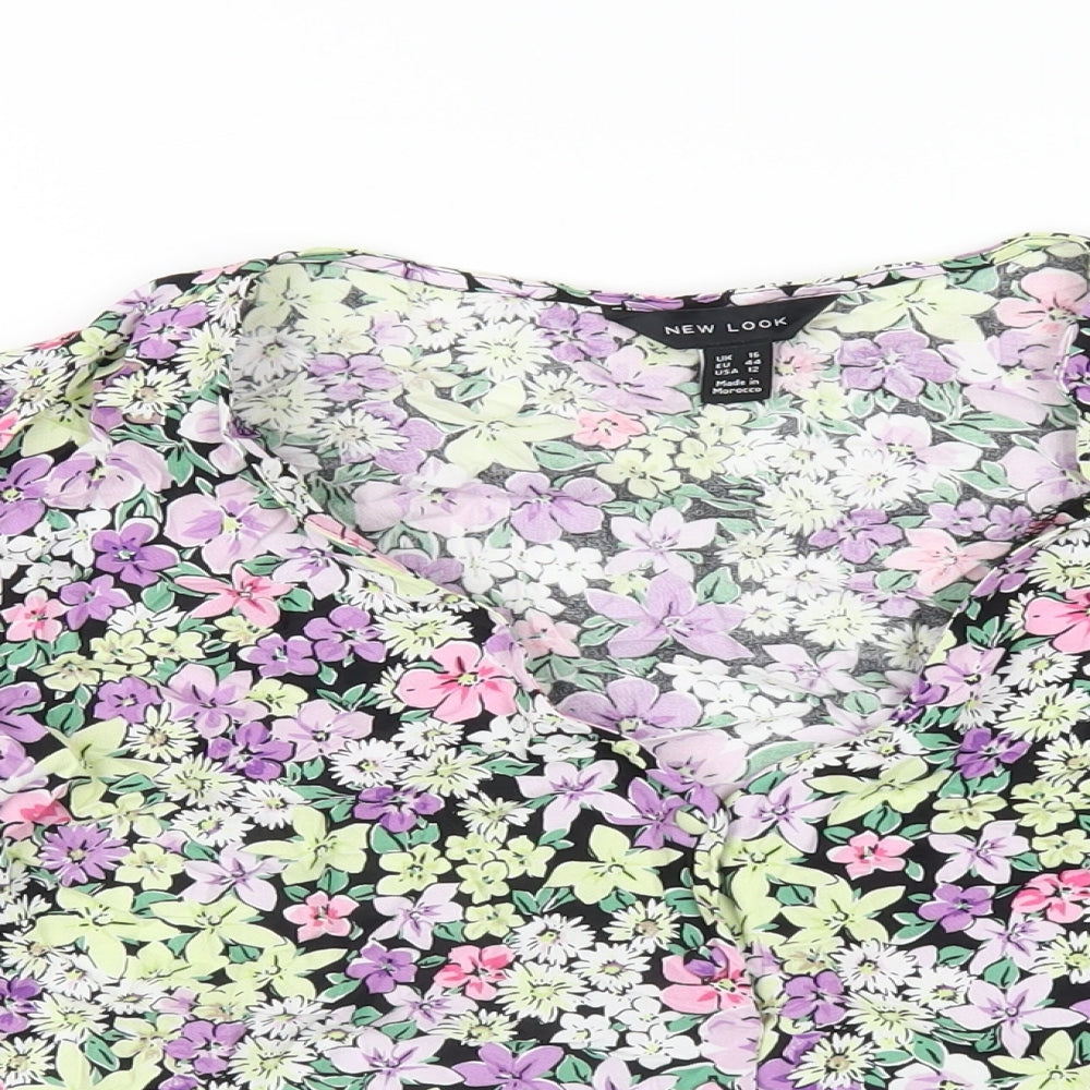 New Look Womens Multicoloured Floral Viscose Basic T-Shirt Size 16 V-Neck