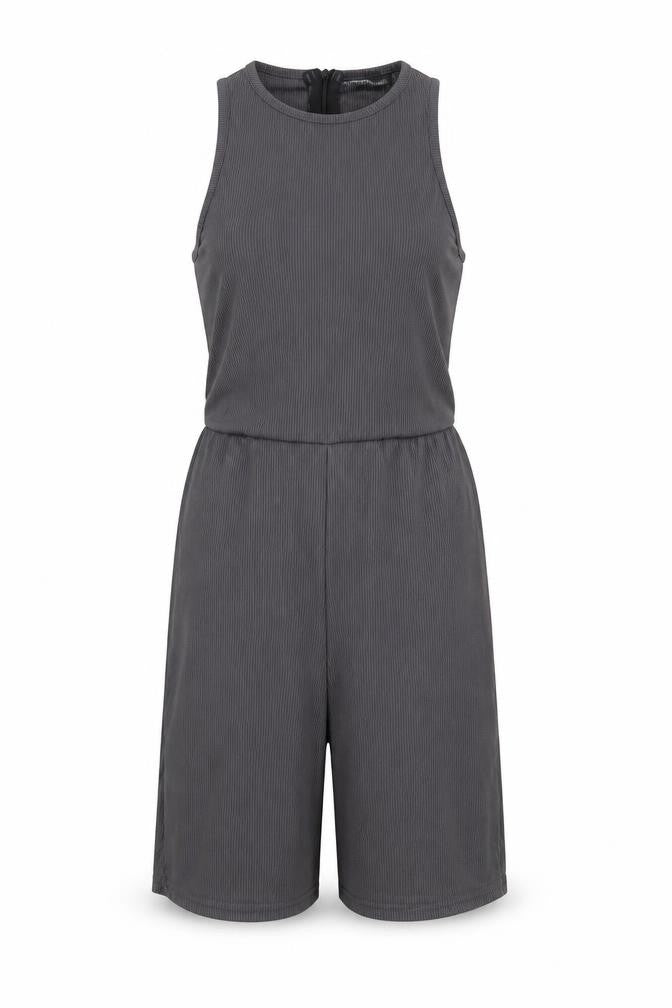 Front view of PRETTYLITTLETHING women’s grey polyester unitard one-piece, size UK 10, zip