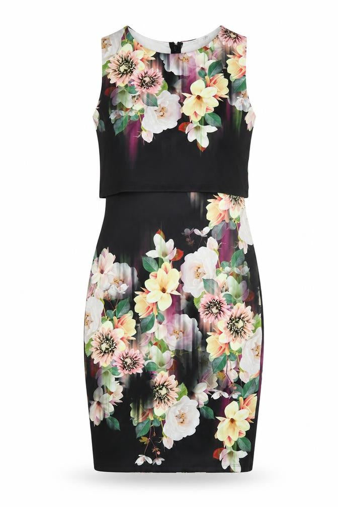 Front view of Lipsy women’s multicoloured floral polyester bodycon, size UK 10, round neck zip
