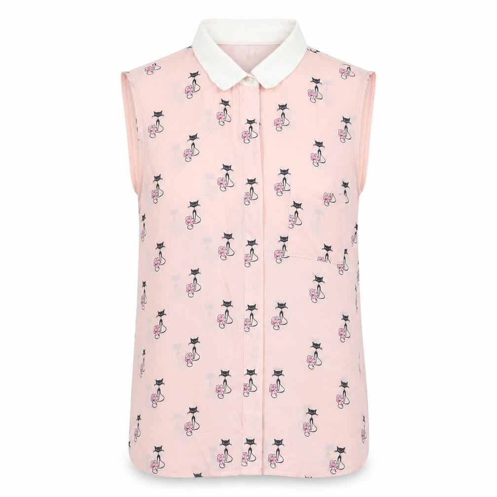 Front view of Marks & Spencer women’s pink geometric polyester basic button-up, size UK 8, collared