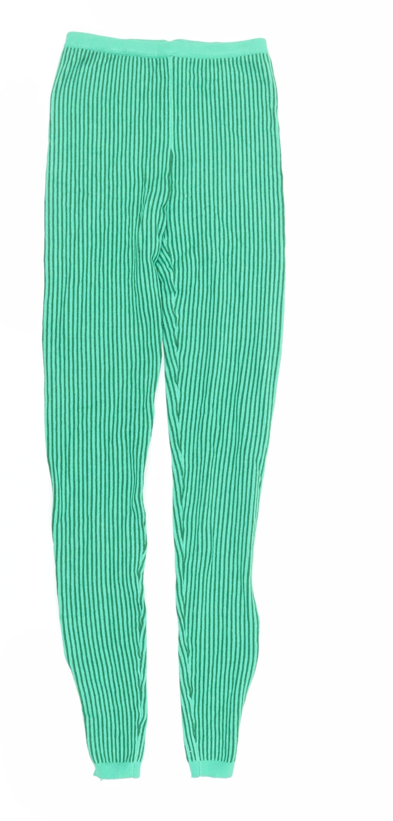 PRETTYLITTLETHING Womens Green Striped Viscose Carrot Leggings Size S L32 in - Elasticated Waist