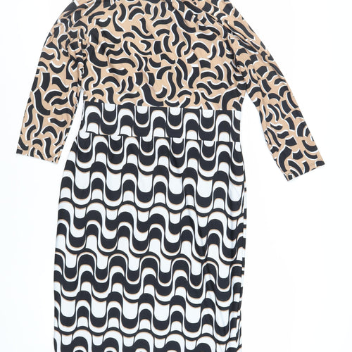 Debenhams Womens Black Geometric Polyester Pencil Dress Size 14 Round Neck Pullover - Keyhole Neckline