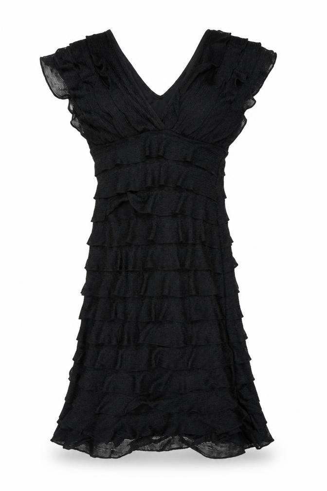 Front view of Studio M women’s black polyester a-line, size XS, v-neck pullover - layered