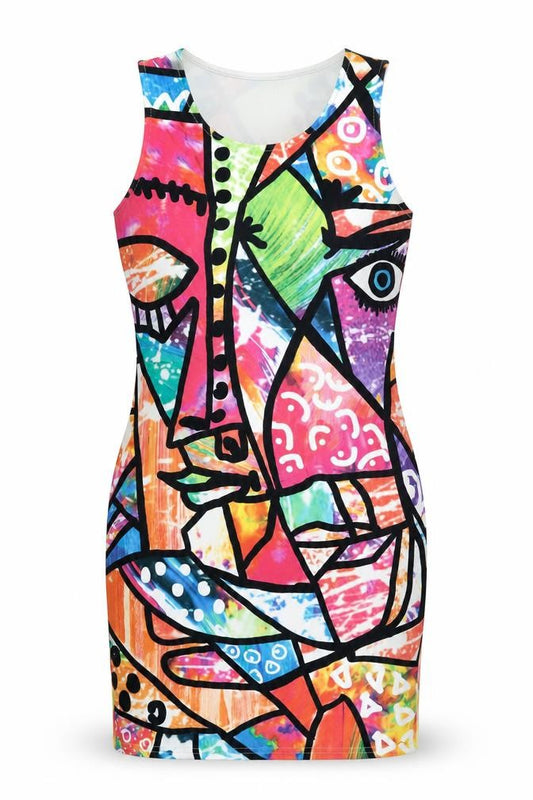 Front view of FIGA women’s multicoloured geometric polyester mini, size UK 10, round neck pullover