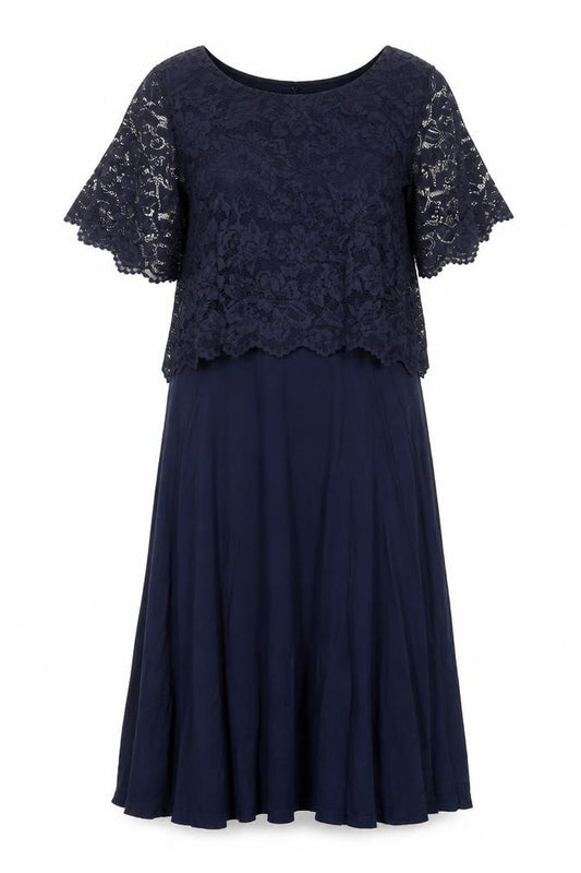 Front view of H&M Mama women’s blue viscose a-line, size M, round neck pullover - lace top