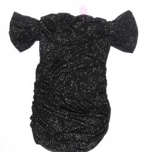 PRETTYLITTLETHING Womens Black Polyester Mini Size 20 Off the Shoulder Zip - Ruched Sequin