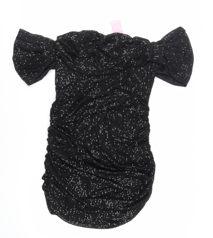 PRETTYLITTLETHING Womens Black Polyester Mini Size 20 Off the Shoulder Zip - Ruched Sequin