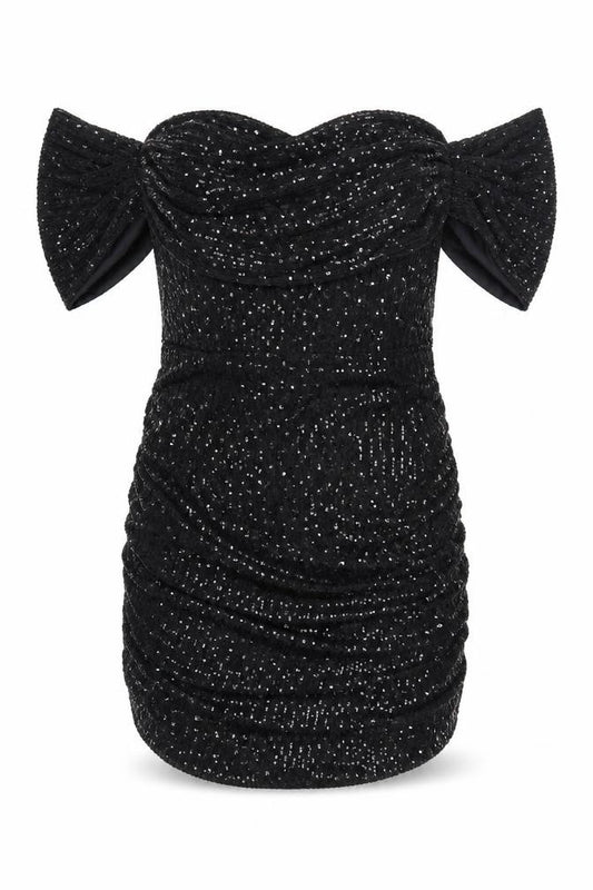 Front view of PRETTYLITTLETHING women’s black polyester mini, size UK 20, off the shoulder zip - ruched sequin