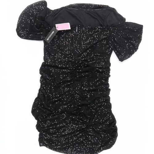 PRETTYLITTLETHING Womens Black Polyester Mini Size 20 Off the Shoulder Zip - Ruched Sequin