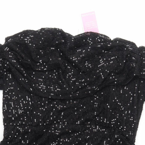PRETTYLITTLETHING Womens Black Polyester Mini Size 20 Off the Shoulder Zip - Ruched Sequin