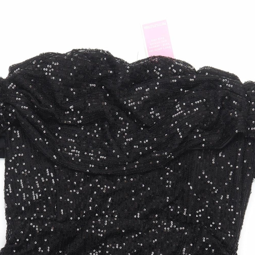 PRETTYLITTLETHING Womens Black Polyester Mini Size 20 Off the Shoulder Zip - Ruched Sequin