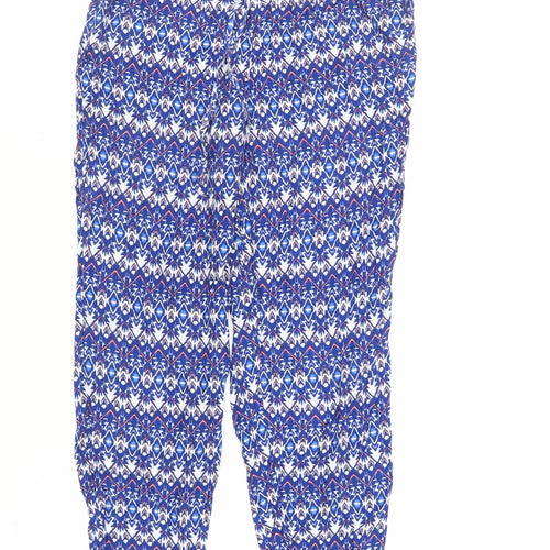 H&M Womens Blue Geometric Viscose Trousers Size 6 L28 in Regular Drawstring - Elasticated Waist