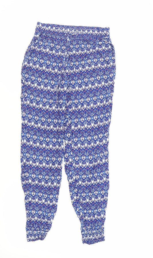 H&M Womens Blue Geometric Viscose Trousers Size 6 L28 in Regular Drawstring - Elasticated Waist