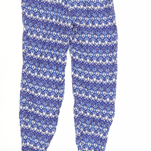 H&M Womens Blue Geometric Viscose Trousers Size 6 L28 in Regular Drawstring - Elasticated Waist