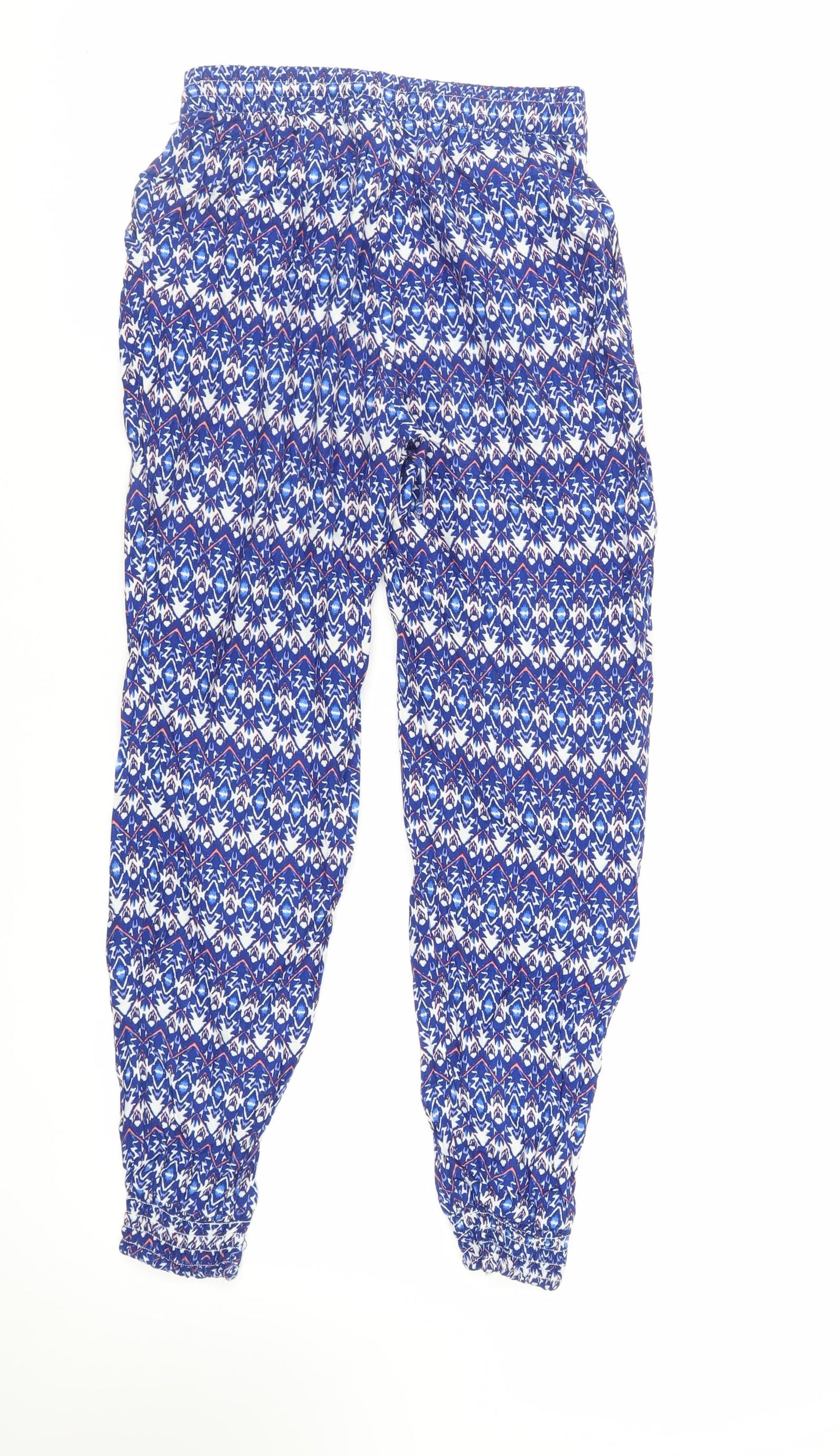 H&M Womens Blue Geometric Viscose Trousers Size 6 L28 in Regular Drawstring - Elasticated Waist