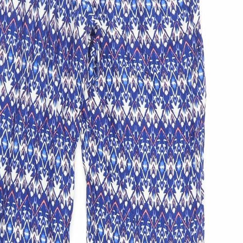 H&M Womens Blue Geometric Viscose Trousers Size 6 L28 in Regular Drawstring - Elasticated Waist