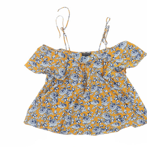 Topshop Womens Yellow Floral Polyester Basic Blouse Size 8 V-Neck - Ruffle