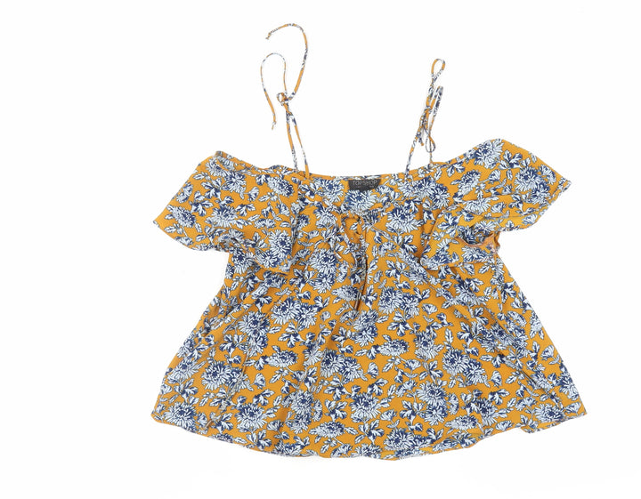 Topshop Womens Yellow Floral Polyester Basic Blouse Size 8 V-Neck - Ruffle