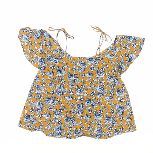 Topshop Womens Yellow Floral Polyester Basic Blouse Size 8 V-Neck - Ruffle