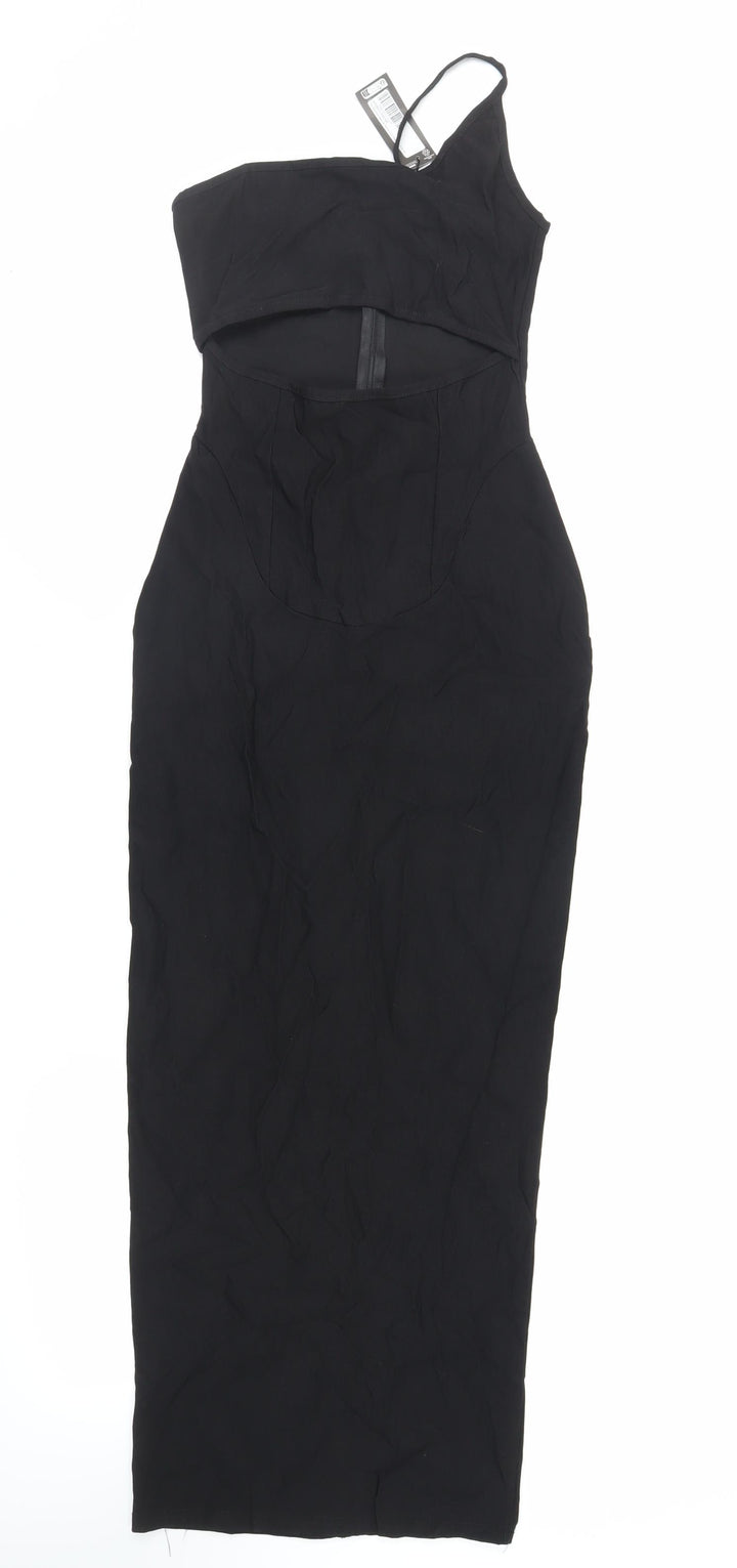 PRETTYLITTLETHING Womens Black Viscose Bodycon Size 10 One Shoulder Zip - Cut Out Detail