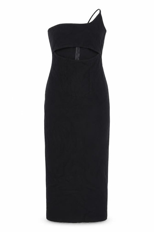 Front view of PRETTYLITTLETHING women’s black viscose bodycon, size UK 10, one shoulder zip - cut out detail