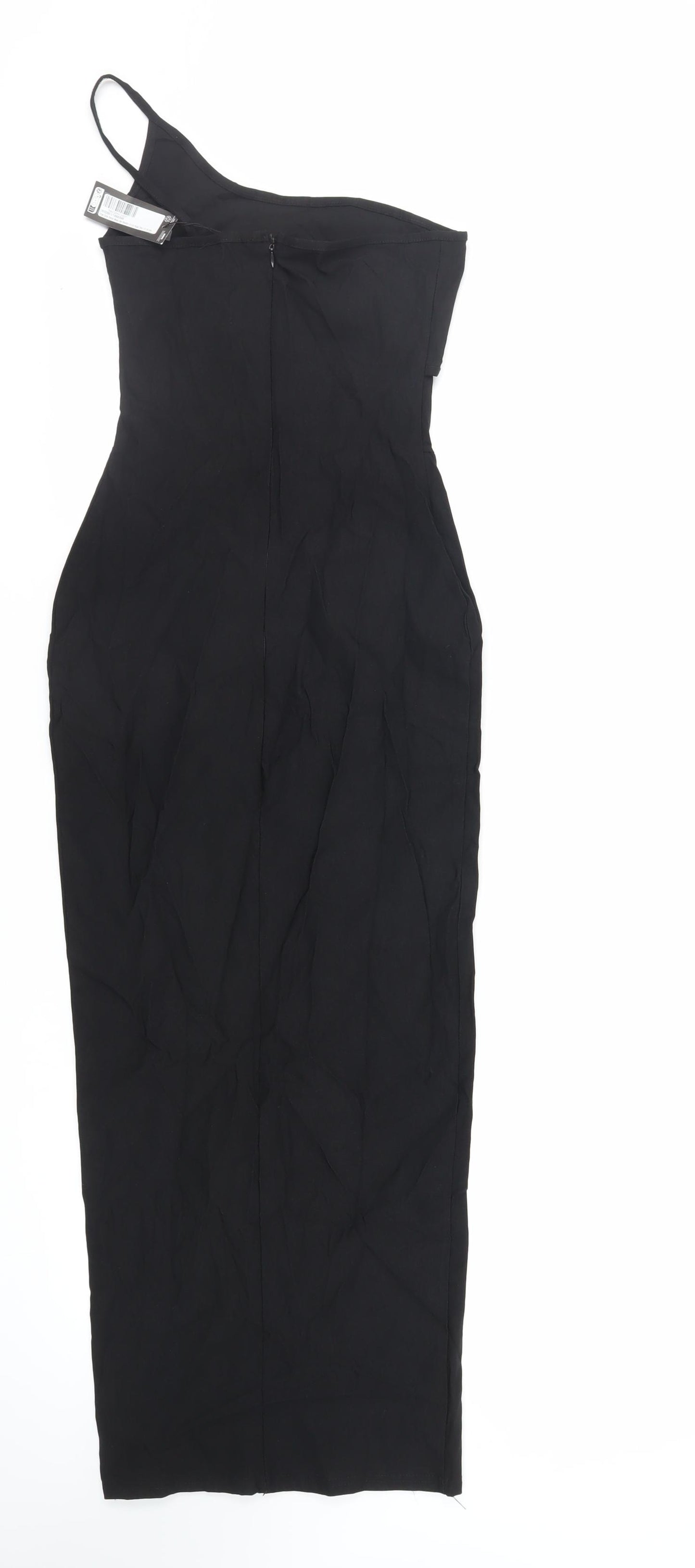 PRETTYLITTLETHING Womens Black Viscose Bodycon Size 10 One Shoulder Zip - Cut Out Detail