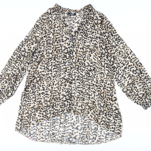 Wallis Womens Brown Animal Print Polyester Tunic Button-Up Size 10 V-Neck - Sheer