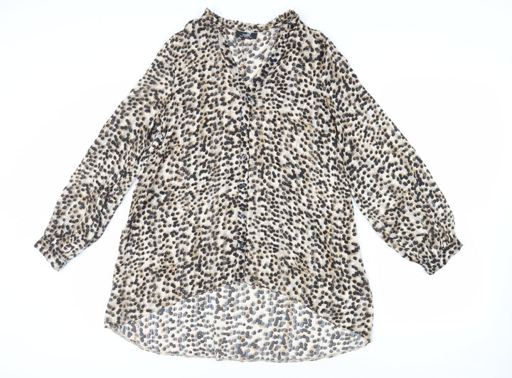 Wallis Womens Brown Animal Print Polyester Tunic Button-Up Size 10 V-Neck - Sheer