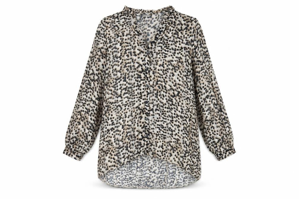 Front view of Wallis women’s brown animal print polyester tunic button-up, size UK 10, v-neck - sheer
