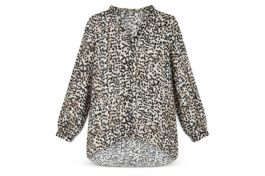 Front view of Wallis women’s brown animal print polyester tunic button-up, size UK 10, v-neck - sheer