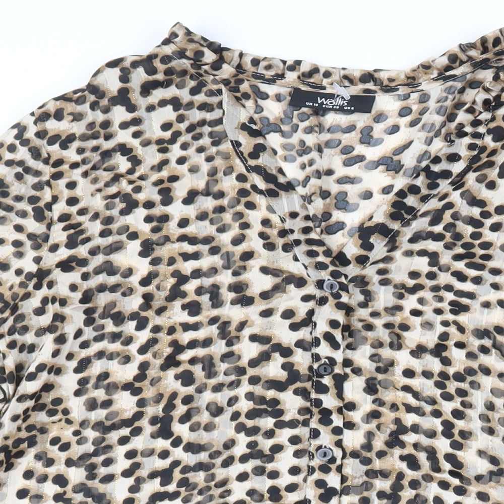 Wallis Womens Brown Animal Print Polyester Tunic Button-Up Size 10 V-Neck - Sheer