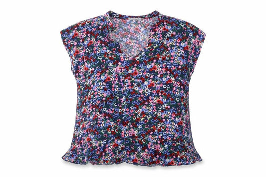 Front view of Cerulean women’s blue geometric viscose basic blouse, size S, v-neck