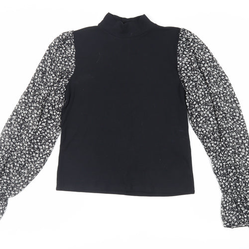 Zara Womens Black Floral Polyester Basic Blouse Size L Mock Neck - Sheer Sleeves